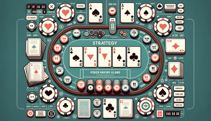 Illustration of a close-up view of a poker table. Cards are neatly arranged, forming specific poker hand combinations, and there are symbols or icons that highlight the strategy elements involved in the game